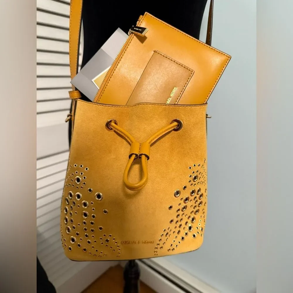 Michael by Michael Kors “Cary” NWT Mustard Bucket Bag with matching Wallet.
